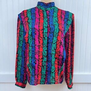 Vtg 80s 90s AJ & Friends Blouse Disco Funky Color Neon Bright Abstract Mock Neck